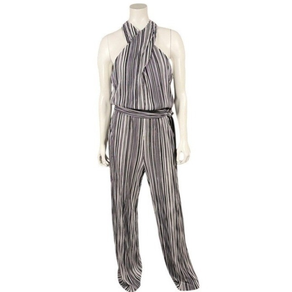 Alex Marie Womens Size 12 Halter Neck Striped Wide Leg Jumpsuit Black White Grey
